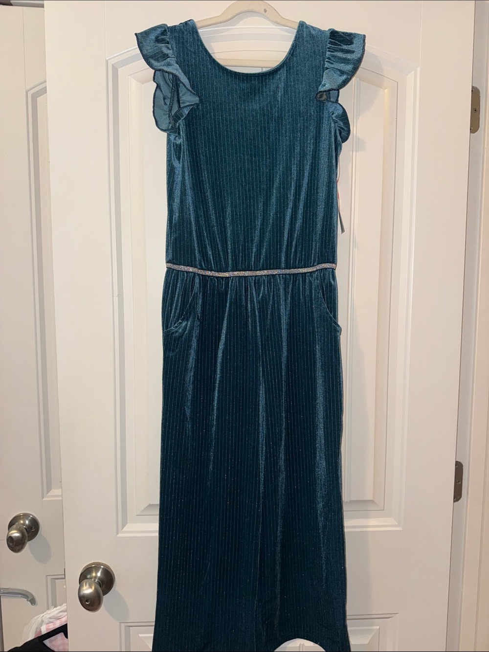 Cat & Jack Teal Velvet Ruffle Sleeve Jumpsuit